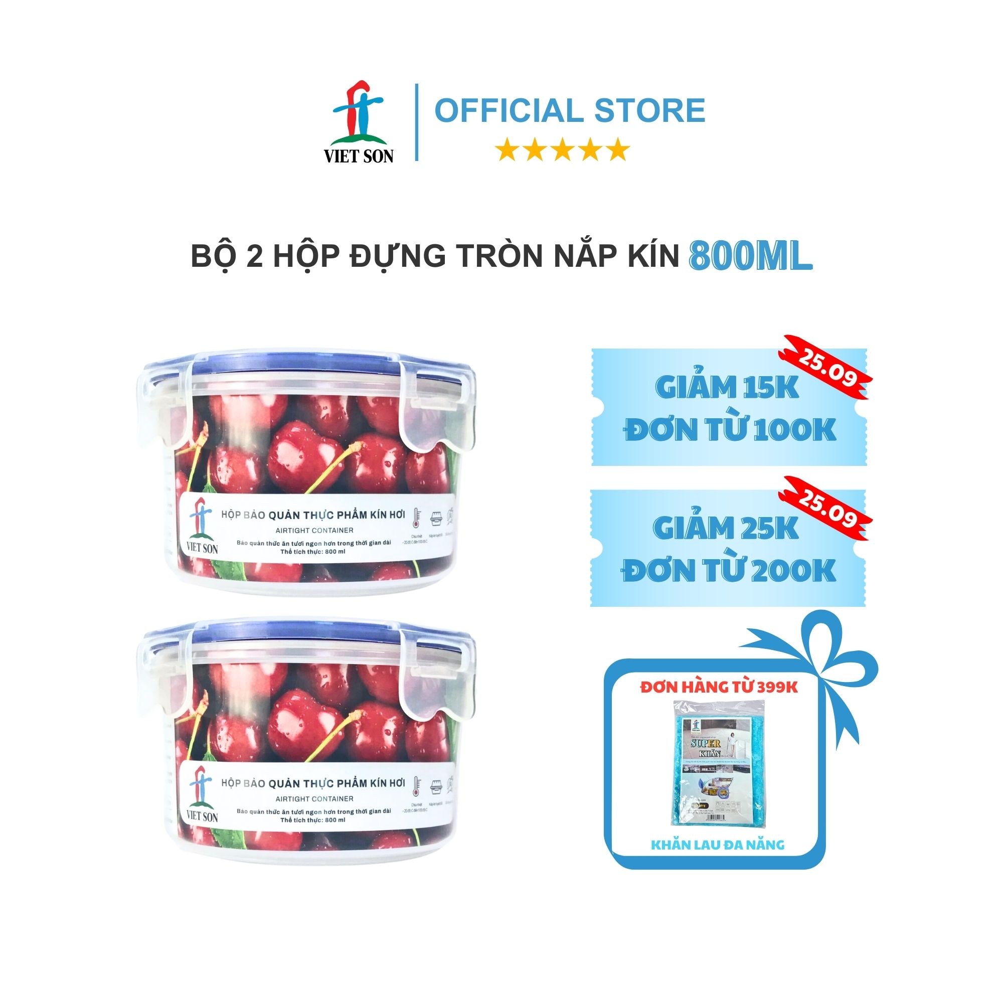 Bộ 2 Hộp Tròn Đựng Thực Phẩm VIETSON 800ml Nắp Khóa 4 Cạnh Kín Hơi